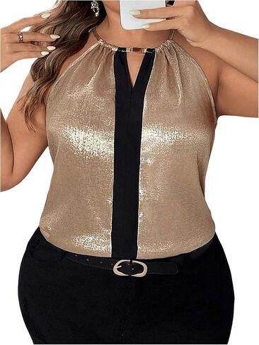 Oyoangle Women's Plus Size Metallic Keyhole Halter Tank Top Sopless Tops Legant Lose Blouse in Saudi Arabia
