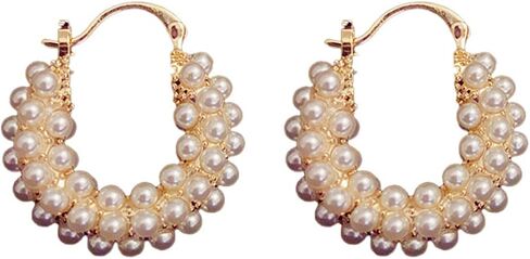 Chunky Basket Pearl Hoop Earrings Gold Plated Vintage Thick Round Shell Pearls Ball Small Lightweight Huggie Hoop Earrings for Women Minimalist Wedding Bridal Christmas Birthday Party Trendy Jewelry Gifts in Saudi Arabia