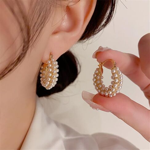 Chunky Basket Pearl Hoop Earrings Gold Plated Vintage Thick Round Shell Pearls Ball Small Lightweight Huggie Hoop Earrings for Women Minimalist Wedding Bridal Christmas Birthday Party Trendy Jewelry Gifts in Saudi Arabia