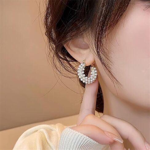 Chunky Basket Pearl Hoop Earrings Gold Plated Vintage Thick Round Shell Pearls Ball Small Lightweight Huggie Hoop Earrings for Women Minimalist Wedding Bridal Christmas Birthday Party Trendy Jewelry Gifts in Saudi Arabia