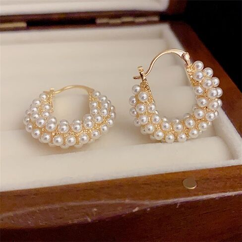 Chunky Basket Pearl Hoop Earrings Gold Plated Vintage Thick Round Shell Pearls Ball Small Lightweight Huggie Hoop Earrings for Women Minimalist Wedding Bridal Christmas Birthday Party Trendy Jewelry Gifts in Saudi Arabia