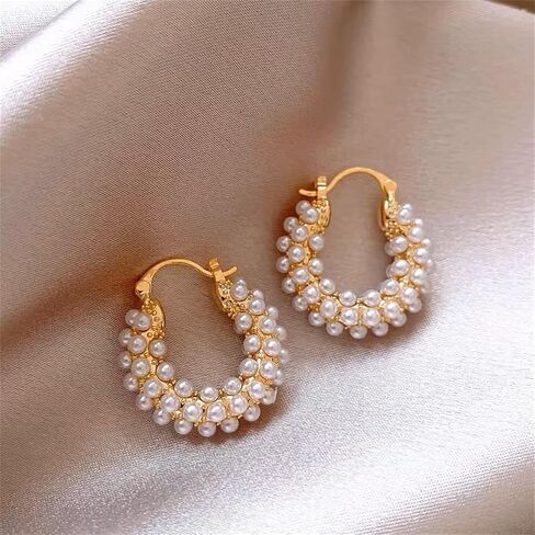 Chunky Basket Pearl Hoop Earrings Gold Plated Vintage Thick Round Shell Pearls Ball Small Lightweight Huggie Hoop Earrings for Women Minimalist Wedding Bridal Christmas Birthday Party Trendy Jewelry Gifts in Saudi Arabia