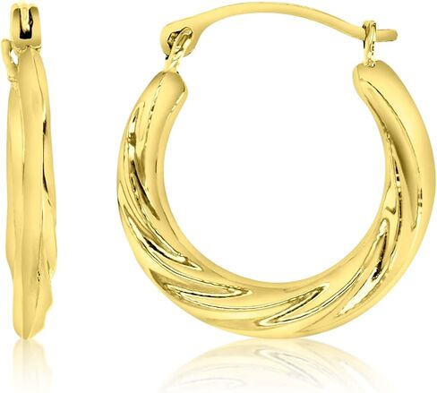 14K Yellow Gold 2x16mm Polished Small Textured Round Lightweight Hoop Earrings in Kuwait