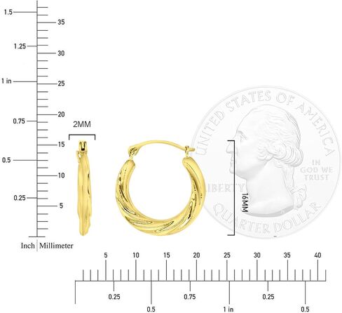 14K Yellow Gold 2x16mm Polished Small Textured Round Lightweight Hoop Earrings in Kuwait