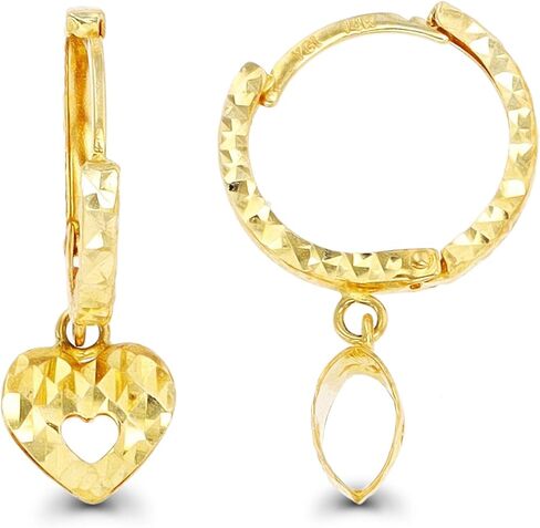 14K Yellow Gold Diamond Cut Open Heart Dangling Huggie Earring in Saudi Arabia