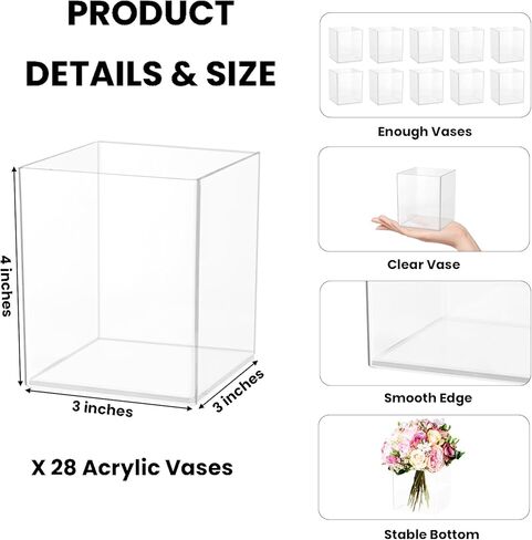 28 حزمة مربعة مزهريات مركزية ، 4 بوصات مربعة صغيرة من أكريليك مزهرية بلاستيكية شفاف مزهايف الزهور المركزية ، الزفاف ، المنزل ، ديكور الأزهار المكتبية in Kuwait