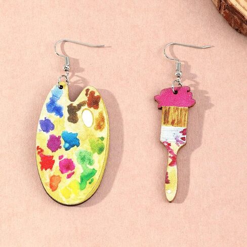 Unique Handmade Bohemian Vintage Big Wooden Artist Paint Brush Dangle Drop Earrings Dainty Cute Wood Paint Palette Charm Earrings Colorful Painter Jewelry for Women Artist Gift Art Teacher Gifts in Kuwait