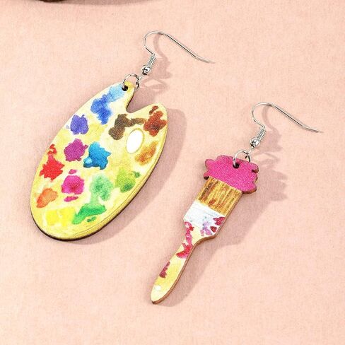 Unique Handmade Bohemian Vintage Big Wooden Artist Paint Brush Dangle Drop Earrings Dainty Cute Wood Paint Palette Charm Earrings Colorful Painter Jewelry for Women Artist Gift Art Teacher Gifts in Kuwait