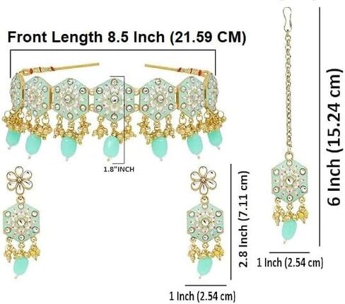 Efulgenz Meenakari Choker Set Indian Jewelry Crystal Kundan Faux Pearl Choker Necklace Earrings Maang Tikka Wedding Bollywood Bridal Jewelry Set for Women in Kuwait