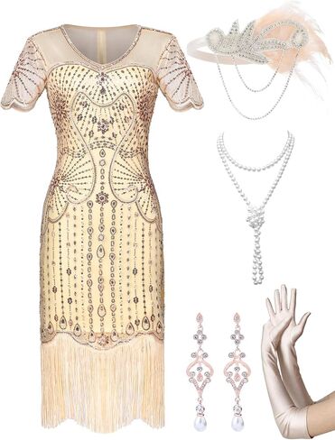 1920s Flapper Dresses for Women,Sheer Beaded Sleeves Great Gatsby Dresses Roaring 20s Dresses Costumes with Accessories in Kuwait