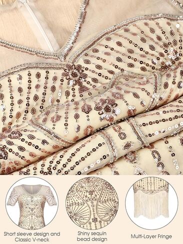1920s Flapper Dresses for Women,Sheer Beaded Sleeves Great Gatsby Dresses Roaring 20s Dresses Costumes with Accessories in Kuwait