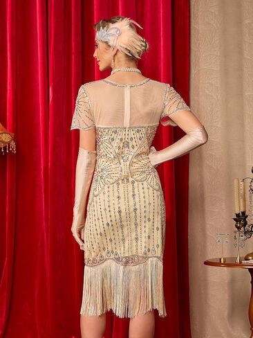 1920s Flapper Dresses for Women,Sheer Beaded Sleeves Great Gatsby Dresses Roaring 20s Dresses Costumes with Accessories in Kuwait