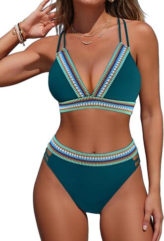 Fanuerg Women's V Neck Bikini يضع بلوك بلوكين قطعتين من ملابس السباحة في منتصف الخصر in Saudi Arabia
