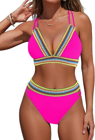 Fanuerg Women's V Neck Bikini يضع بلوك بلوكين قطعتين من ملابس السباحة في منتصف الخصر in Kuwait