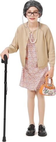 8 Pieces Old Lady Costume for Girls, 100 Days of School Costume for Kids Grandma Wig Granny Dress Cosplay Outifits in Kuwait