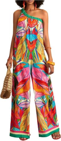 Women's Boho One Shoulder One Piece Jumpsuits Tropical Print Wide Leg Pants Rompers in Saudi Arabia