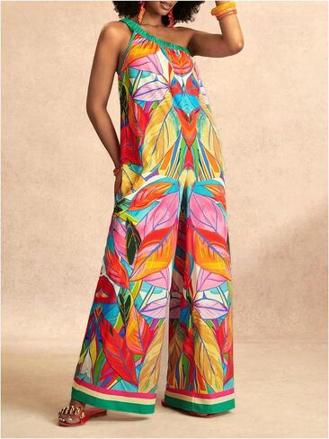 Women's Boho One Shoulder One Piece Jumpsuits Tropical Print Wide Leg Pants Rompers in Saudi Arabia