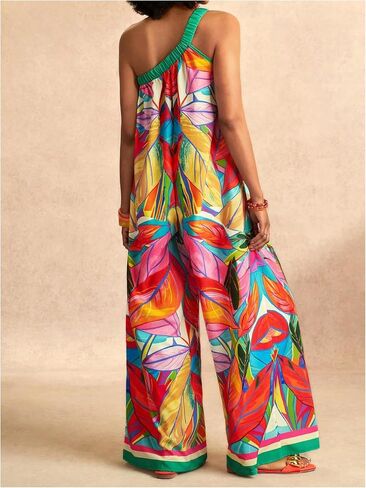 Women's Boho One Shoulder One Piece Jumpsuits Tropical Print Wide Leg Pants Rompers in Saudi Arabia
