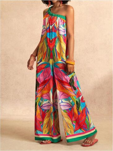 Women's Boho One Shoulder One Piece Jumpsuits Tropical Print Wide Leg Pants Rompers in Saudi Arabia