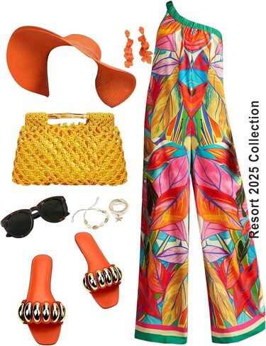 Women's Boho One Shoulder One Piece Jumpsuits Tropical Print Wide Leg Pants Rompers in Saudi Arabia