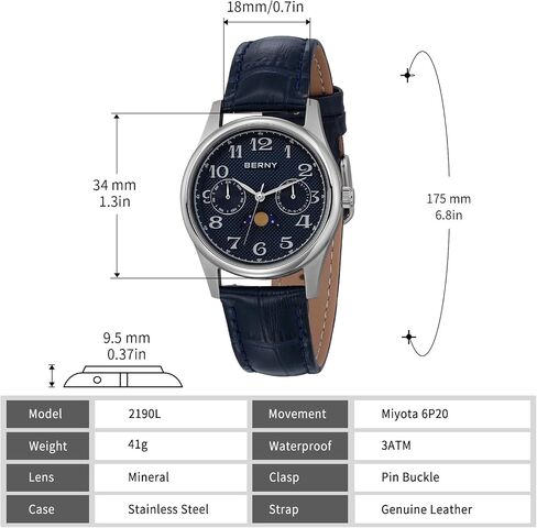 BERNY Silver Watch for Women Moon Phase Watches Ladies Quartz Wristwatch Easy Read Arabic Numerals Dial Multi-Function Analog Watches Stainless Steel Case Sub-dail with Date Day Calendar in Saudi Arabia