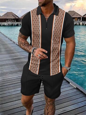 Men's shorts suit two-piece polo shirt fashion summer sports casual suit men's 1/4 zipper short sleeve in Saudi Arabia