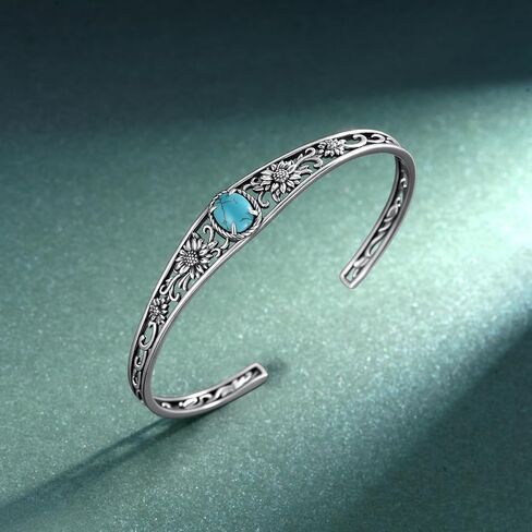 Sunflower Turquoise Bracelet 925 Sterling Silver Genuine Natural Turquoise Chunky Cuff Bangle Bracelet Vintage Native American Western Boho Style Jewelry Gift for Women in Kuwait