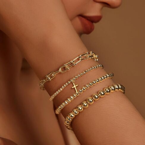أساور Imbos الذهبية للنساء 14K مطلي بالذهب مقاطع سوار سوار ستراند Bead Ball Ball Stack مجموعة مجموعة مجوهرات سلسلة مكتنزة عصرية للتعديل للهدايا للسيدات الهدايا in Saudi Arabia