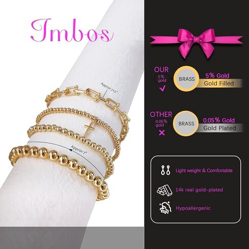 أساور Imbos الذهبية للنساء 14K مطلي بالذهب مقاطع سوار سوار ستراند Bead Ball Ball Stack مجموعة مجموعة مجوهرات سلسلة مكتنزة عصرية للتعديل للهدايا للسيدات الهدايا in Saudi Arabia