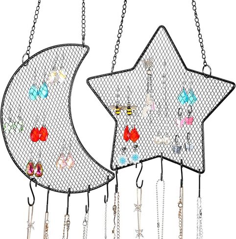 Jetec 2 Pcs Earring Wall Holder Wall Mounted Organizer Hanging Stand Decorative Diamond Grid Shape Jewelry Display Rack with Hanging Hooks for Earrings Necklace Bracelet(Black) in Saudi Arabia