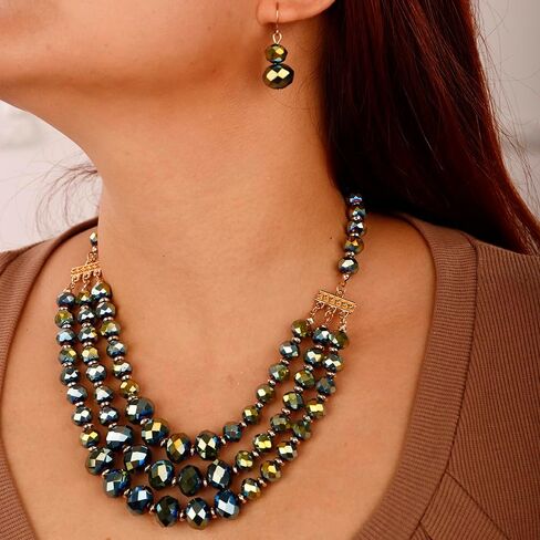 Aimimier Boho Layered Beaded Choker Necklace with Earrings Crystal Cluster Chunky Chain Pendant Statement Necklace for Women in Saudi Arabia