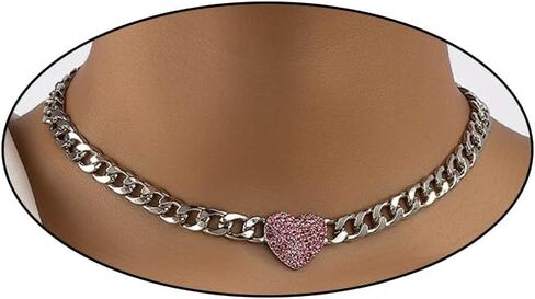 Charm Rhinestone Heart Chunky Cuba Chain Necklace for Women ، Punk Love Heart Pendant Silver Cuban Link Dchoker Necklace Valentines Day Gifts in Kuwait