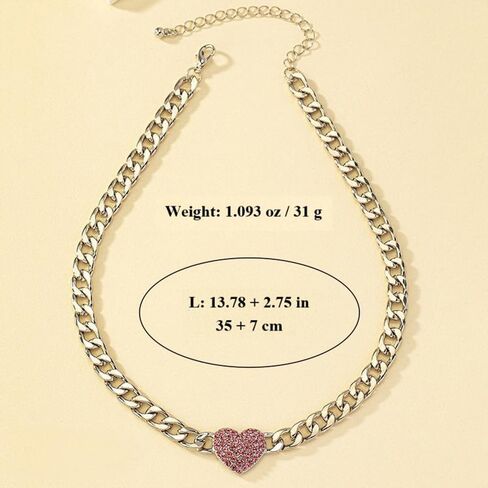Charm Rhinestone Heart Chunky Cuba Chain Necklace for Women ، Punk Love Heart Pendant Silver Cuban Link Dchoker Necklace Valentines Day Gifts in Kuwait