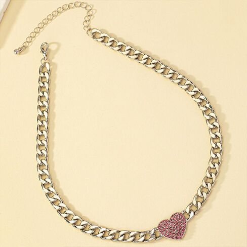 Charm Rhinestone Heart Chunky Cuba Chain Necklace for Women ، Punk Love Heart Pendant Silver Cuban Link Dchoker Necklace Valentines Day Gifts in Kuwait