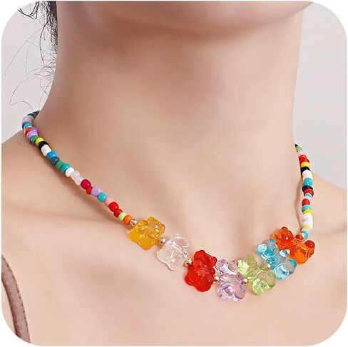 Gummy Bear Necklace for Women Acrylic Gummy Bear Pendant Necklace Colorful Seed Bead Choker Candy Color Teddy Bear Charm Necklace Trendy Jewelry Gifts in Saudi Arabia