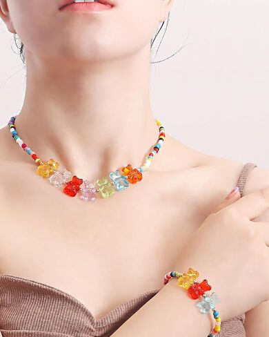 Gummy Bear Necklace for Women Acrylic Gummy Bear Pendant Necklace Colorful Seed Bead Choker Candy Color Teddy Bear Charm Necklace Trendy Jewelry Gifts in Saudi Arabia
