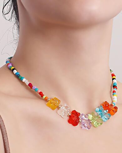 Gummy Bear Necklace for Women Acrylic Gummy Bear Pendant Necklace Colorful Seed Bead Choker Candy Color Teddy Bear Charm Necklace Trendy Jewelry Gifts in Saudi Arabia