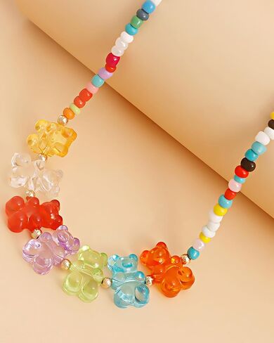 Gummy Bear Necklace for Women Acrylic Gummy Bear Pendant Necklace Colorful Seed Bead Choker Candy Color Teddy Bear Charm Necklace Trendy Jewelry Gifts in Saudi Arabia