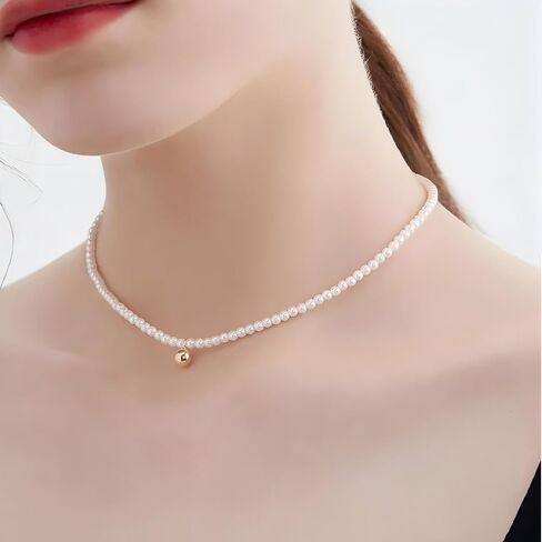 Dainty Pearl Choker Necklace with Gold Ball Pendant, Adjustable Chain Length, White in Saudi Arabia