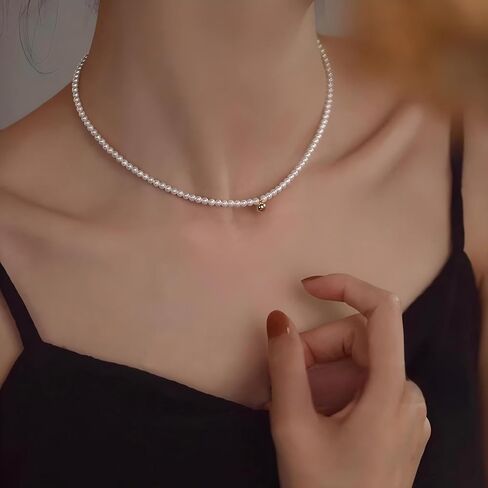 Dainty Pearl Choker Necklace with Gold Ball Pendant, Adjustable Chain Length, White in Saudi Arabia