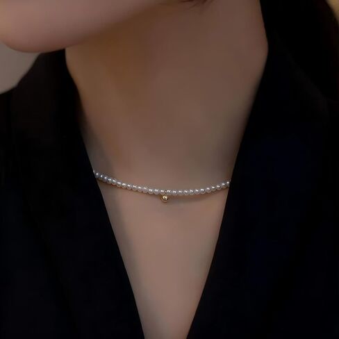 Dainty Pearl Choker Necklace with Gold Ball Pendant, Adjustable Chain Length, White in Saudi Arabia
