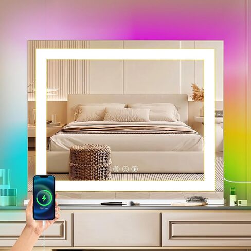 COOLJEEN Vanity Mirror with Lights and Bluetooth, 23x18 Inch 15 Bulbs Front and RGB Backlit Makeup Mirror with Dimmable 3 Color, Tempered Glass, Detachable 10X Magnification, Tabletop & Wall-Mounted in Saudi Arabia
