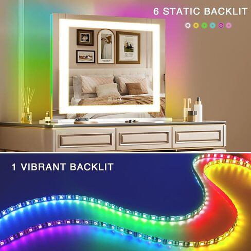 COOLJEEN Vanity Mirror with Lights and Bluetooth, 23x18 Inch 15 Bulbs Front and RGB Backlit Makeup Mirror with Dimmable 3 Color, Tempered Glass, Detachable 10X Magnification, Tabletop & Wall-Mounted in Saudi Arabia