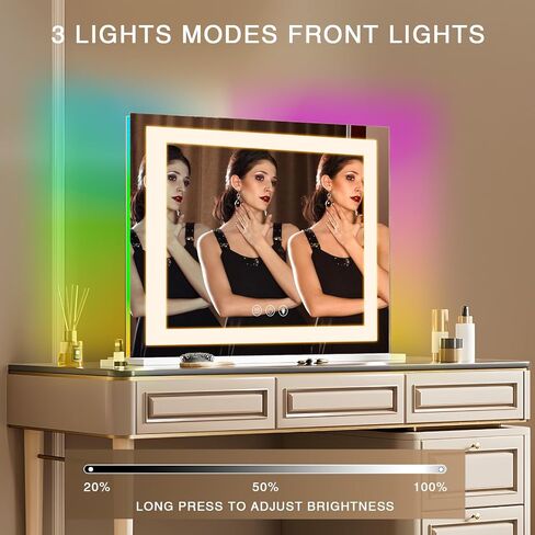 COOLJEEN Vanity Mirror with Lights and Bluetooth, 23x18 Inch 15 Bulbs Front and RGB Backlit Makeup Mirror with Dimmable 3 Color, Tempered Glass, Detachable 10X Magnification, Tabletop & Wall-Mounted in Saudi Arabia