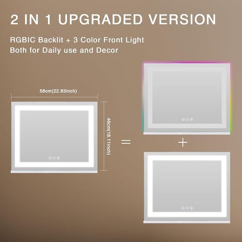 COOLJEEN Vanity Mirror with Lights and Bluetooth, 23x18 Inch 15 Bulbs Front and RGB Backlit Makeup Mirror with Dimmable 3 Color, Tempered Glass, Detachable 10X Magnification, Tabletop & Wall-Mounted in Saudi Arabia