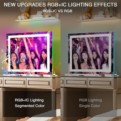 COOLJEEN Vanity Mirror with Lights and Bluetooth, 23x18 Inch 15 Bulbs Front and RGB Backlit Makeup Mirror with Dimmable 3 Color, Tempered Glass, Detachable 10X Magnification, Tabletop & Wall-Mounted in Saudi Arabia