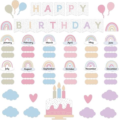 Nezyo 80 PCS Boho Birthday Bulletin Board Decoration مجموعة تقويم عيد ميلاد قوس قزح Decoration Rainbow Clutouts for Classroom Chart (Morandi Colors) in Kuwait