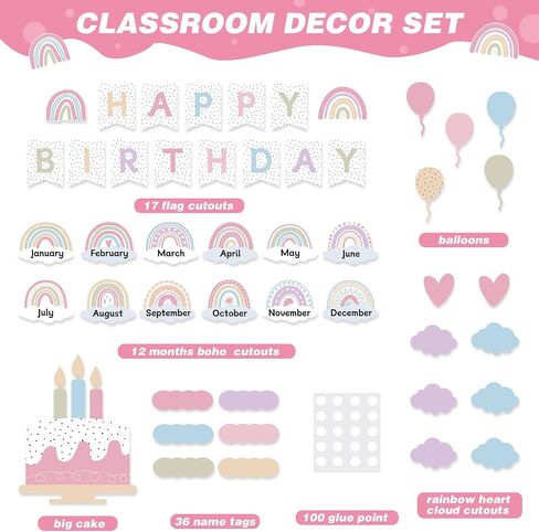 Nezyo 80 PCS Boho Birthday Bulletin Board Decoration مجموعة تقويم عيد ميلاد قوس قزح Decoration Rainbow Clutouts for Classroom Chart (Morandi Colors) in Kuwait