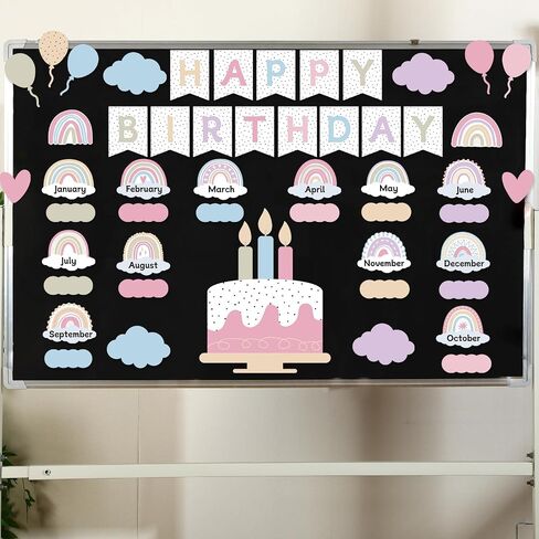 Nezyo 80 PCS Boho Birthday Bulletin Board Decoration مجموعة تقويم عيد ميلاد قوس قزح Decoration Rainbow Clutouts for Classroom Chart (Morandi Colors) in Kuwait