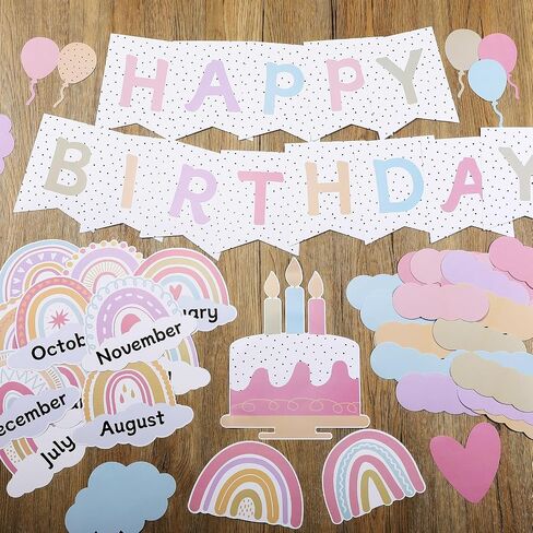 Nezyo 80 PCS Boho Birthday Bulletin Board Decoration مجموعة تقويم عيد ميلاد قوس قزح Decoration Rainbow Clutouts for Classroom Chart (Morandi Colors) in Kuwait